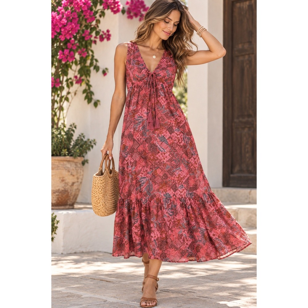 Faherty Brand Pink Tropical Geometric V-Neck Tassel Maxi Dress Small NWT